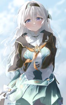 1girl absurdres black_hairband black_jacket blue_eyes blue_sky blurry blurry_background blush breasts closed_mouth commentary cowboy_shot cryne day firefly_(honkai:_star_rail) frilled_shirt_collar frills green_skirt hair_between_eyes hairband highres honkai:_star_rail honkai_(series) jacket large_breasts long_hair multicolored_eyes outdoors purple_eyes shirt skirt sky smile solo twitter_username two-tone_eyes white_hair white_shirt