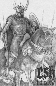 3boys absurdres belt boots bracer christian_sloan_hall disembodied_head fake_horns graphite_(medium) greyscale helmet highres holding holding_polearm holding_shield holding_weapon horned_helmet horns horse horseback_riding loki_(mythology) male_focus monochrome multiple_boys norse_mythology polearm reverse_grip riding shield skull solo_focus traditional_media weapon