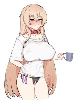 1girl animal_collar belt_collar blonde_hair blush breasts cleft_of_venus coffee_mug collar collarbone condom covered_erect_nipples covered_navel cowboy_shot crotchless crotchless_panties cup female_pervert furen_e_lustario half-closed_eyes highres holding holding_cup huge_breasts lace lace-trimmed_panties lace_trim large_breasts lingerie long_hair looking_at_viewer mug nijisanji no_bra panties parted_lips pervert pussy_juice pussy_juice_trail red_eyes bad_tag shirt shirt_tug side-tie_panties solo suisogenshi sweat t-shirt underwear used_condom virtual_youtuber white_background