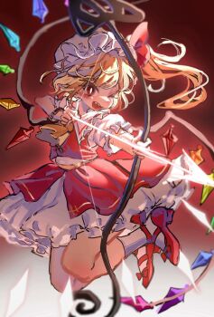1girl arrow_(projectile) ascot belt blonde_hair blurry bow bow_(weapon) bracelet bright_pupils bubble_skirt child commentary crystal_wings drawing_bow dress english_commentary fang flandre_scarlet footwear_bow frilled_shirt_collar frills gold_belt hat hat_bow highres holding holding_bow_(weapon) holding_weapon jewelry jumping laevatein_(touhou) legs_folded long_hair looking_ahead mary_janes mob_cap multicolored_wings one_eye_closed open_mouth overskirt puffy_short_sleeves puffy_sleeves red_background red_bow red_eyes red_overskirt red_shoes red_skirt red_vest shoes short_dress short_sleeves shouxishao_jiuyuan side_ponytail simple_background skirt skirt_set slit_pupils socks solo touhou v-shaped_eyebrows vest weapon white_dress white_hat white_pupils white_socks wings yellow_ascot