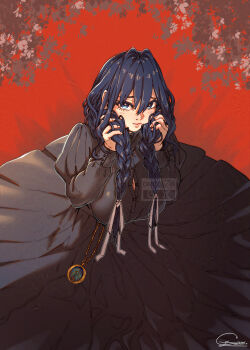 1girl absurdres black_dress black_hair blue_eyes braid breasts button_gap chuckuddin cleavage closed_mouth dress grabbing_own_hair hair_intakes hair_ribbon highres holding holding_own_hair hololive hololive_english huge_breasts long_hair looking_at_viewer low_twin_braids official_alternate_costume official_alternate_hairstyle ouro_kronii ouro_kronii_(maid) pocket_watch ribbon solo twin_braids virtual_youtuber watch watermark white_ribbon