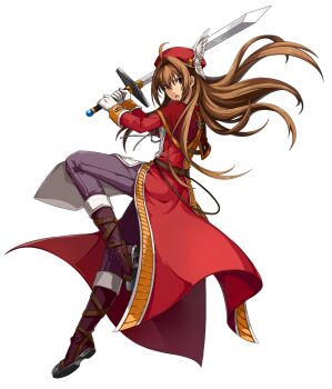 Rule 34 | 1girl, ahoge, akatsuki no kiseki, alternate hairstyle, boots, brown hair, cape, eiyuu densetsu, estelle bright, floating hair, from side, full body, gloves, hair between eyes, hair intakes, hat, highres, holding, holding sword, holding weapon, knee boots, long hair, looking at viewer, official art, pants, purple pants, red cape, red eyes, red hat, simple background, solo, sora no kiseki, sword, tachi-e, third-party source, very long hair, weapon, white background, white gloves