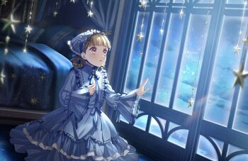 Rule 34 | 1girl, bed, blue bonnet, blue dress, bonnet, braid, braided hair rings, brown hair, dress, dutch angle, frilled bonnet, frilled dress, frills, game cg, hair rings, highres, indoors, kachimachi kosuzu, link! like! love live!, lolita fashion, long sleeves, looking outside, love live!, medium hair, non-web source, official art, on floor, pillow, pink eyes, poupee en lotus (love live!), print blanket, print pillow, sitting, solo, star (symbol), starry sky print, virtual youtuber, window