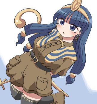 1girl :o arms_behind_back black_thighhighs blue_background blue_hair blunt_bangs blush boots brown_boots brown_shirt brown_shorts collared_shirt commentary earrings facial_mark gold_hairband hair_ornament hairband holding holding_scepter jewelry key_earrings kneeling long_hair michigami_nareko open_mouth rokugou_daisuke scepter shirt short_sleeves shorts simple_background solo sphere_hair_ornament thighhighs touhou triangle triangle_facial_mark two-tone_background white_background