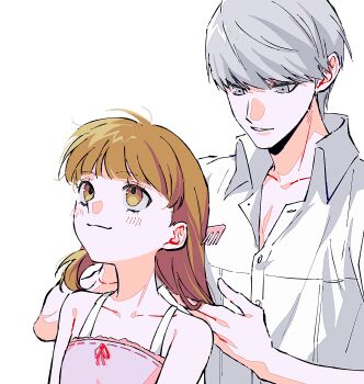 1boy 1girl absurdres ako_(eanaaati1) bare_shoulders blush brown_eyes brown_hair brushing_another&#039;s_hair brushing_hair camisole chinese_commentary collarbone commentary_request doujima_nanako eyelashes family_bonding grey_eyes grey_hair highres looking_at_another medium_hair narukami_yu parted_lips persona persona_4 pink_camisole shirt short_hair short_sleeves simple_background smile swept_bangs upper_body white_background white_shirt wing_collar