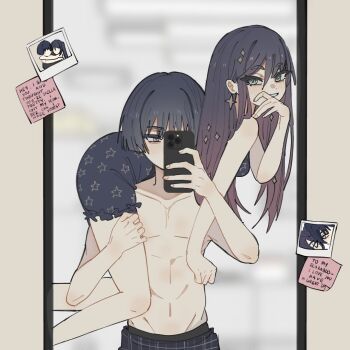 1boy 1girl abs alternate_costume alternate_hairstyle aqua_eyes asymmetrical_bangs bare_shoulders black_dress black_hair blunt_ends blush breasts bright_pupils carrying carrying_person cellphone contemporary couple covering_own_mouth dress earrings english_text eyelashes fingernails fireman&#039;s_carry frilled_dress frills genshin_impact gradient_hair grey_eyes grey_hair grin groin hair_between_eyes hair_down hand_on_another&#039;s_thigh hand_on_own_face hand_over_own_mouth hands_up hetero holding holding_another&#039;s_thighs holding_phone jewelry long_hair looking_at_mirror looking_at_viewer medium_breasts meme mirror mona_(genshin_impact) multicolored_hair navel pectorals phone photo_(object) pink_hair plaid_clothes plaid_shorts raised_eyebrows reflection revision scaramouche_(genshin_impact) selfie short_eyebrows shorts sleepwear smartphone smile star_(symbol) star_earrings star_print sticky_note swept_bangs toned toned_male topless_male tsurime white_pupils wispy_bangs ysnden