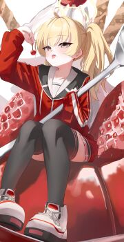1girl absurdres ahoge blonde_hair blue_archive blush cream cream_on_face food food_on_face fruit full_body hair_ribbon halo highres holding_cherry jacket kumakono long_hair long_sleeves looking_at_viewer open_mouth pleated_skirt red_jacket ribbon sitting sitting_on_food skirt solo strawberry tongue tongue_out twintails yellow_halo yoshimi_(blue_archive)