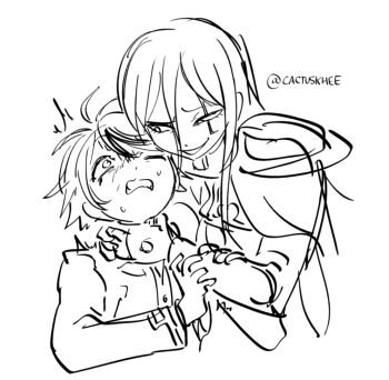 Rule 34 | 1boy, 1girl, assertive female, bruise, clenched teeth, crazy eyes, evil smile, femdom, gauntlets, hands on another's arms, injury, khee, long hair, long sleeves, monochrome, sadism, scared, short male, signature, simple background, size difference, smile, strangling, sumino takumi, sweatdrop, tall female, teeth, the hundred line -last defense academy-, v'ehxness, white background