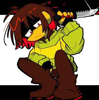 deltarune green_hoodie highres holding holding_knife hood hoodie knife kris_(deltarune) partially_shaded_face red_eyes single_stripe striped_clothes striped_hoodie striped_sweater sweater t_hanada_444 two-tone_hoodie utdr_(toby_fox)