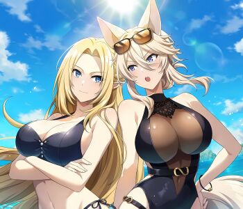 2girls absurdres animal_ears bikini black_bikini black_one-piece_swimsuit blonde_hair blue_eyes blue_sky breasts character_request cleavage covered_navel crossed_arms highres kage_no_jitsuryokusha_ni_naritakute! kage_no_jitsuryokusha_ni_naritakute!_master_of_garden large_breasts mhworld424 multiple_girls one-piece_swimsuit open_mouth sky smile sunglasses swimsuit upper_body