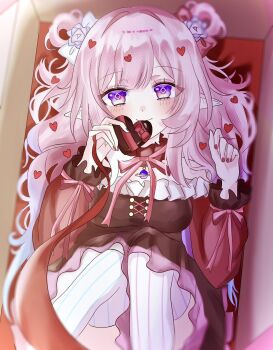 Rule 34 | 1girl, alternate costume, alternate hairstyle, black dress, box, breasts, candy, chocolate, chocolate heart, commentary, cyrene (demiurge) (honkai: star rail), cyrene (honkai: star rail), diamond-shaped pupils, diamond (shape), dress, english commentary, food, hair ornament, heart, heart-shaped food, heart hair ornament, hi suix2, highres, holding, holding chocolate, holding food, honkai: star rail, honkai (series), in box, in container, large breasts, long hair, looking at viewer, pink hair, purple eyes, red nails, smile, solo, symbol-shaped pupils, thighhighs, very long hair, white thighhighs
