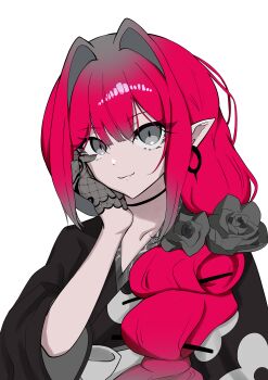 1girl absurdres baobhan_sith_(fate) baobhan_sith_(over_the_same_sky)_(fate) black_gloves black_kimono breasts choker closed_mouth commentary_request earrings fate/grand_order fate_(series) floral_print gloves grey_eyes highres japanese_clothes jewelry kight_350 kimono long_hair long_sleeves looking_at_viewer medium_breasts pink_hair pointy_ears red_hair sidelocks skirt smile solo wide_sleeves