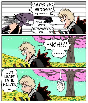 Rule 34 | 1girl, 2boys, bakugou katsuki, black choker, black gloves, blonde hair, boku no hero academia, bomb devil (chainsaw man), chainsaw man, choker, closed mouth, commentary, dragon ball, dragonball z, elbow gloves, english commentary, english text, final form frieza, frieza, gloves, multiple boys, neck ribbon, object head, open mouth, reze (chainsaw man), ribbon, shirt, short hair, sleeveless, sleeveless shirt, speech bubble, spiked hair, teeth, tree, wanderjegson