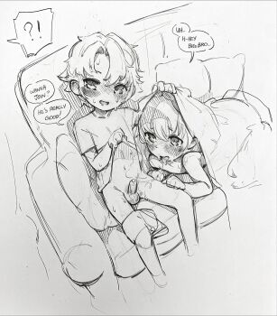 !? 2boys after_fellatio blush bottomless clothes_lift commentary couch english_commentary english_text erection highres kodomo_doushi lifting_own_clothes male_focus monochrome multiple_boys navel on_couch open_mouth original pillow renocoffee saliva saliva_trail shirt shirt_lift short_hair shota sitting small_penis speech_bubble spoken_interrobang t-shirt testicles uncensored under_covers yaoi