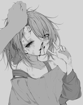 1boy 1girl abuse bare_shoulders bleeding blood blood_on_face bruise bruise_on_face bruise_on_neck grabbing_another's_hair greyscale half-closed_eyes highres holding_another's_hair injury looking_at_viewer medium_hair monochrome mushoku_loli mushoku_loli_(character) nosebleed off-shoulder_shirt off_shoulder one_eye_closed original shirt simple_background solo_focus tearing_up v