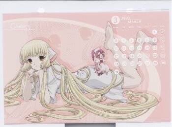 00s 2003 blonde_hair brown_eyes calendar calendar_(medium) chii chobits clamp long_hair mini_person minigirl official_art pink_background pink_hair pinup_(style) ponytail scan sumomo_(chobits) very_long_hair