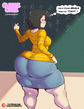 1girl ass breasts chalk chalkboard cuddlecore denim denim_skirt highres huge_ass kawakami_sadayo medium_breasts persona persona_5 skirt solo standing teacher thighs