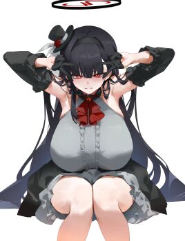 1girl absurdres armpits arms_up bare_legs black_gloves black_hair black_hat blue_archive blush breasts center_frills cosplay detached_sleeves dokshuri double_v feet_out_of_frame frills gloves grey_shirt grey_skirt halo hat highres huge_breasts invisible_chair long_hair looking_at_viewer mini_hat red_eyes rio_(blue_archive) sakurako_(blue_archive) sakurako_(blue_archive)_(cosplay) sakurako_(idol)_(blue_archive) shirt simple_background sitting skirt sleeveless sleeveless_shirt solo straight_hair tilted_headwear unfinished v v_over_eye very_long_hair white_background