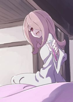 1girl :d bed bright_pupils bunk_bed dress female_focus from_side hair_over_one_eye highres indoors little_witch_academia long_hair long_sleeves looking_at_viewer on_bed one_eye_covered open_mouth pink_hair red_eyes sharp_teeth sitting smile solo sucy_manbavaran tama_(tama-s) teeth vial white_dress wide_sleeves