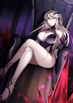 1girl absurdres artoria_pendragon_(celebratory_attire)_(fate) artoria_pendragon_(fate) artoria_pendragon_(lancer_alter)_(fate) bare_shoulders black_dress black_gloves blonde_hair braid breasts chair cleavage cleavage_cutout clothing_cutout dress elbow_gloves fate/grand_order fate_(series) gloves gold_trim hair_between_eyes highres hisato_nago horns large_breasts long_hair looking_at_viewer side_slit sidelocks sitting smile solo thighs yellow_eyes