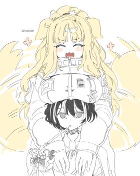 2girls absurdres animal_ears armband ascot black_hair blonde_hair breast_rest breasts breasts_on_head commentary dog_ears dog_tail ezra_(project_moon) flower highres holding holding_smoking_pipe limbus_company long_hair mature_female moses_(project_moon) multicolored_hair multiple_girls open_mouth partially_colored project_moon saeda8e simple_background smile smoking_pipe streaked_hair symbol-only_commentary tail tail_wagging the_distortion_detective white_background white_streaks