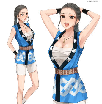 1girl armpits arms_up artist_name black_hair breasts chest_sarashi cleavage collarbone commentary_request commission happi highres japanese_clothes jewelry looking_at_viewer multiple_views necklace original pixiv_commission ponytail red_lips sarashi setu_kurokawa shorts standing twitter_username watermark white_shorts