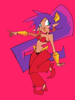 1girl 2023 arched_back bare_shoulders blue_eyes blush_stickers bra breasts choker collarbone commentary commission dancer dark-skinned_female dark_skin earrings english_commentary female_focus full_body genc gold groin harem_outfit harem_pants high_heels highres jewelry leg_lift leg_up long_hair lowleg lowleg_pants medium_breasts midriff navel open_mouth outstretched_arm pants pointy_ears ponytail purple_background purple_hair red_bra red_footwear red_pants red_shoes shantae shantae_(series) shoes sideways_glance simple_background solo strapless strapless_bra teeth tiara toon_(style) tube_top underwear upper_teeth_only vambraces very_long_hair wayforward