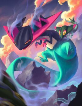 alfonsaurus cloud cloudy_sky commentary dragapult dragon dreepy english_commentary flying full_body gen_8_pokemon highres nintendo no_humans pink_claws pokemon pokemon_(creature) pokemon_focus rock sky smoke smoke_trail solo_focus