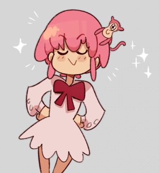 1girl aged_down animal blush blush_stickers bow child closed_eyes cowboy_shot dress dutch_angle ears_visible_through_hair grey_background gutalalaman hair_between_eyes hands_on_own_hips jakuzure_nonon kill_la_kill long_sleeves monkey bowtie pink_hair red_bow red_neckwear short_hair sidelocks simple_background smile solo sparkle white_dress