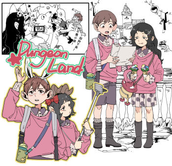 Rule 34 | 1boy, 1girl, absurdres, alternate costume, amusement park, animal ear hairband, animal ears, backpack, bag, black eyes, black hair, black shoes, boots, bottle, bow, brown eyes, brown hair, brown shorts, castle, cellphone, chilchuck's wife, chilchuck tims, chinese text, contemporary, dungeon meshi, english text, fake animal ears, fake horns, furrowed brow, hair bow, hairband, halfling, handbag, highres, holding, holding ice cream cone, horn hairband, horns, ice cream cone, jitome, laios touden, laios touden (chimera), licking lips, long hair, mascot costume, open mouth, partially colored, phone, pink sweater, pleated skirt, rabbit ear hairband, rabbit ears, recording, selfie stick, shirt, shoes, short hair, shorts, skirt, smartphone, smile, spoilers, sweater, tongue, tongue out, translation request, walking mushroom (dungeon meshi), water bottle, wh00oa, white background, white shirt