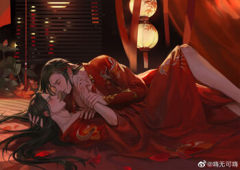 2boys adam's_apple black_hair blush candlestand chinese_clothes chinese_commentary chinese_wedding chu_wanning closed_eyes closed_mouth curtains erha_he_ta_de_bai_mao_shizun flower hair_down haiwu_kehai hand_on_another's_head hand_on_own_chest hanfu holding_another's_wrist lantern long_hair long_sleeves looking_at_another lying male_focus mo_ran multiple_boys no_pants on_back on_floor open_clothes parted_lips red_flower red_hanfu red_petals smile tassel watermark weibo_watermark wide_sleeves window_blinds yaoi yellow_eyes