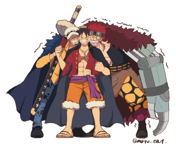 3boys absurdres cheek-to-cheek clenched_hands clenched_teeth competition eustass_kid hat heads_together highres holding holding_weapon jacket jacket_on_shoulders male_focus mechanical_arms monkey_d._luffy multiple_boys nenneko_(ngtvcat) one_piece sheath sheathed single_mechanical_arm sword teeth trafalgar_law weapon