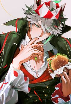 1boy absurdres alhaitham_(genshin_impact) alternate_costume burger commentary english_commentary eyelashes finger_in_own_mouth food food_on_face food_on_hand genshin_impact grey_hair hair_between_eyes highres holding holding_burger holding_food hwan_(mob_hwan) looking_at_viewer male_focus multicolored_hair open_mouth short_hair simple_background streaked_hair two-tone_hair white_background white_hair