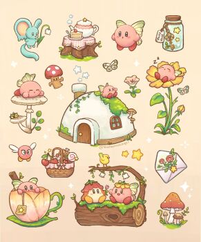 Rule 34 | :d, :o, artist name, basket, bird, black eyes, blue eyes, blush, blush stickers, boned meat, bow, branch, bronto burt, brown eyes, bug, butterfly, cake, cake slice, candy, cappy (kirby), cherry, chimney, closed eyes, commentary, cup, elfilin, english commentary, envelope, fairy wings, flower, flower on head, fly agaric, food, fork, fruit, highres, holding, holding flower, house, in container, in cup, insect, invincible candy, jar, key, kirby, kirby's house, kirby (series), kurain villager, lily of the valley, log, lollipop, maxim tomato, meat, moss, multiple views, mushroom, needlous, nintendo, on roof, open mouth, orange background, picnic basket, pink background, pink bow, pink flower, plant, plate, pop flower, red flower, rose, simple background, sitting, sitting on log, sitting on roof, sleeping, smile, sparkle, star (symbol), swirl lollipop, teabag, teacup, teapot, tomato, tree stump, tulip, twitter username, vines, waddle dee, white flower, wings, yellow flower, zzz