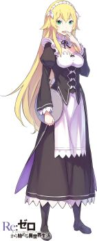 1girl absurdres apron black_boots black_ribbon blonde_hair blush boots bow breasts cleavage cleavage_cutout clothing_cutout commentary_request copyright_name covering_own_mouth detached_collar dress english_text frederica_baumann frilled_apron frilled_dress frills full_body green_eyes hair_between_eyes hand_up highres holding holding_tray juliet_sleeves large_breasts long_dress long_hair long_sidelocks long_sleeves looking_at_viewer maid maid_apron maid_headdress neck_ribbon official_art ootsuka_shin&#039;ichirou open_mouth puffy_long_sleeves puffy_sleeves re:zero_kara_hajimeru_isekai_seikatsu ribbon roswaal_mansion_maid_uniform sharp_teeth sidelocks simple_background smile solo standing tachi-e teeth tray underbust very_long_hair waist_apron white_apron white_background