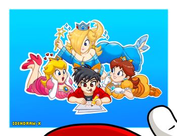 1boy 2boys 3girls :p :q absurdres animal_ears ass bare_shoulders black_hair blonde_hair blue_dress blue_eyes blush breasts brown_hair cat_boy cat_ears child cleavage crown drawing_(action) dress earrings elbow_gloves fireworks fox_ears gloves hair_over_one_eye head_rest heart high_heels highres holding holding_wand huge_ass idendrawx jewelry large_breasts long_hair looking_at_another lying mario mario_(series) medium_breasts mini_crown multiple_boys multiple_girls nintendo off-shoulder_dress off_shoulder on_stomach pink_dress plump_ass plump_butt princess_daisy princess_peach puffy_short_sleeves puffy_sleeves red_eyes rosalina shirt shoes short_sleeves shota smile sparkler star_(symbol) star_earrings star_wand super_mario_bros._1 super_mario_galaxy tagme tongue tongue_out wand white_gloves