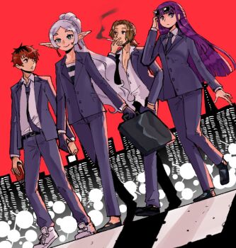 alternate_costume alternate_hairstyle black_gloves black_hair brown_hair cigarette commentary contemporary dress_shoes dutch_angle earrings english_commentary eyewear_on_head fern_(sousou_no_frieren) frieren gloves green_eyes grey_hair grey_shirt hand_in_pocket high_ponytail holding holding_suitcase jewelry multicolored_hair partially_unbuttoned pointy_ears ponytail purple_eyes purple_hair red_eyes red_hair roots_(hair) sein_(sousou_no_frieren) shirt shoes smoking sneakers sousou_no_frieren stark_(sousou_no_frieren) striped_clothes striped_shirt suitcase sunglasses two-tone_hair walking wanderjegson white_shoes