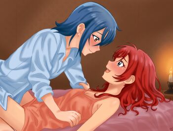 2girls blue_eyes blue_hair blue_shirt blush camisole candle closed_mouth commentary earrings english_commentary eye_contact ippu_and_yeppu jewelry looking_at_another love_live! love_live!_superstar!! medium_hair multiple_girls on_bed open_mouth orange_camisole red_eyes shirt smile stud_earrings wakana_shiki yoneme_mei yuri