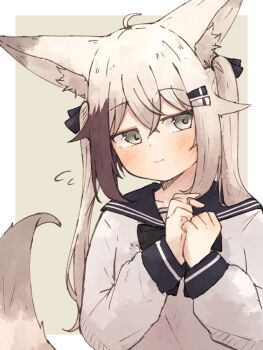 1girl animal_ears black_hair black_sailor_collar closed_mouth flying_sweatdrops fox_ears fox_girl fox_tail green_eyes hands_up highres kuon_(meguru_1225) long_hair meguru_1225 original own_hands_together sailor_collar sailor_shirt shirt solo tail twintails upper_body white_hair white_shirt