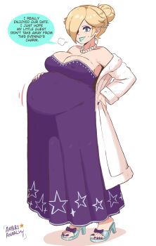 1girl absurdres arbrianarchy artist_name belly big_belly breasts commentary covered_erect_nipples dress english_commentary english_text eyeshadow full_body hair_over_one_eye hand_on_own_hip hand_on_own_stomach highres makeup mario_(series) navel nintendo open_mouth outie_navel pregnant purple_eyeshadow rosalina shadow solo teeth