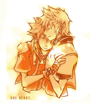 Rule 34 | 2boys, checkered clothes, closed eyes, commentary, cropped torso, english commentary, english text, facing to the side, glowing, hand on another's chest, hand on own chest, head on another's shoulder, hug, illbewaiting, jacket, jewelry, kingdom hearts, kingdom hearts ii, light particles, light smile, male focus, monochrome, multiple boys, necklace, open clothes, open jacket, orange theme, pendant, roxas, short hair, short sleeves, sora (kingdom hearts), spiked hair, upper body, white background, wristband, yaoi