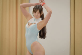 1girl aqua_leotard arms_up asian black_hair breasts cleavage_cutout clothing_cutout curvy fingernails highleg highleg_leotard highres japanese_(nationality) leotard lips long_hair model photo_(medium) ponytail ririkana small_breasts smile solo standing swimsuit thong_leotard