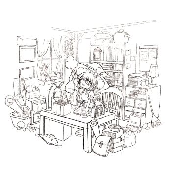 1girl apron bag birdcage book bookshelf bottle bow braid broom cabinet cage chair character_doll commentary_request curtains deformed desk_lamp diorama doll erlenmeyer_flask flask hair_bow hat hat_bow highres holding holding_bottle holding_flask indoors kirisame_marisa lamp lineart long_hair mini-hakkero molmaron mushroom open_mouth plant potted_plant procreate_(medium) puffy_short_sleeves puffy_sleeves shelf short_sleeves single_braid solo table test_tube test_tube_rack touhou tsuchinoko tsuchinoko_(touhou) window witch_hat