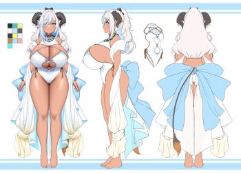 1girl animal_ears barefoot black_horns blue_hair breasts cleavage closed_mouth color_guide colored_inner_hair cow_ears cow_girl cow_horns dark-skinned_female dark_skin green_eyes highres horns huge_breasts indie_virtual_youtuber long_hair miino_tallows mole mole_on_thigh multicolored_hair multiple_views one-piece_swimsuit reference_sheet second-party_source smile streaked_hair suruga_(xsurugax) swimsuit virtual_youtuber white_hair white_one-piece_swimsuit