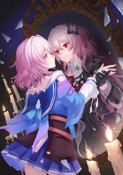 2girls black_choker black_dress black_flower black_gloves black_overskirt blue_eyes blue_skirt candle celtreny choker dress dual_persona evernight_(honkai:_star_rail) flower from_behind gloves hair_between_eyes hair_flower hair_ornament hairclip highres holding_hands honkai:_star_rail honkai_(series) jacket long_hair long_sleeves march_7th_(honkai:_star_rail) march_7th_(preservation)_(honkai:_star_rail) medium_hair mirror multicolored_eyes multicolored_jacket multiple_girls off-shoulder_jacket off_shoulder official_alternate_eye_color parallel_hairclips pink_eyes pink_hair red_eyes shards skirt two-tone_eyes two-tone_jacket very_long_hair