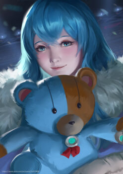 1girl absurdres amulet blue_eyes blue_hair blush closed_mouth fur_trim haarrisb highres long_hair looking_at_viewer matsumoto_(vivy) smile solo stuffed_animal stuffed_toy teddy_bear vivy vivy:_fluorite_eye&#039;s_song