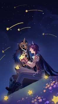 Rule 34 | 2boys, :d, ahoge, aiguillette, animal ears, arm tattoo, bat ears, black boots, black coat, black gloves, black hair, black shirt, blue eyes, blue scarf, boots, capitano (genshin impact), coat, facial mark, fingerless gloves, flower, fur-trimmed coat, fur trim, genshin impact, gloves, grass, grey pants, hair between eyes, hands up, hashtag-only commentary, helm, helmet, highres, long hair, looking at another, male focus, medium hair, multicolored hair, multiple boys, night, open mouth, ororon (genshin impact), outdoors, pants, pink flower, purple hair, sang sha, scarf, shirt, shooting star, shoulder tattoo, sitting, sky, sleeveless, sleeveless shirt, smile, star (sky), star (symbol), starry sky, streaked hair, tattoo