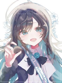 Rule 34 | 1girl, ado (utaite), birthday sash, black bow, black bowtie, black coat, black hair, blue eyes, blue hair, blush, bow, bowtie, chando (ado), coat, colored inner hair, commentary, dated, fang, happy birthday, highres, long hair, long sleeves, looking at viewer, mole, mole under eye, multicolored hair, open clothes, open coat, open mouth, shirt, skin fang, solo, tinaaa 1114, utaite, white shirt