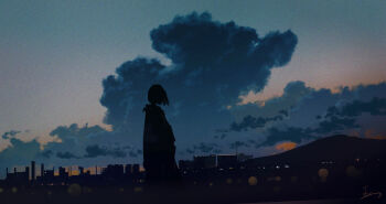 1girl absurdres building check_commentary chinese_commentary cloud commentary_request evening highres huashijw jacket medium_hair original outdoors partial_commentary scenery signature silhouette sky solo standing