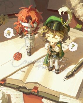 Rule 34 | 1boy, 1girl, ?, absurdres, aleph (reverse:1999), black gloves, black mask, black shorts, black vest, book, bookmark, boots, brown boots, brown hair, newsboy cap, cape, chibi, closed eyes, commission, covered face, dated, dongfang shuyechu, envelope, gloves, green cape, green hat, hand on own chin, hand on own hip, hand up, hat, hat feather, highres, index finger raised, jacket, light bulb, long hair, mini person, miniboy, minigirl, open book, pants, pantyhose, paper, pen, recoleta (reverse:1999), red hair, reverse:1999, second-party source, shirt, short hair, short shorts, shorts, side cape, speech bubble, spoken light bulb, spoken question mark, stroking own chin, thank you, thinking, vest, wax seal, white jacket, white pants, white pantyhose, white shirt